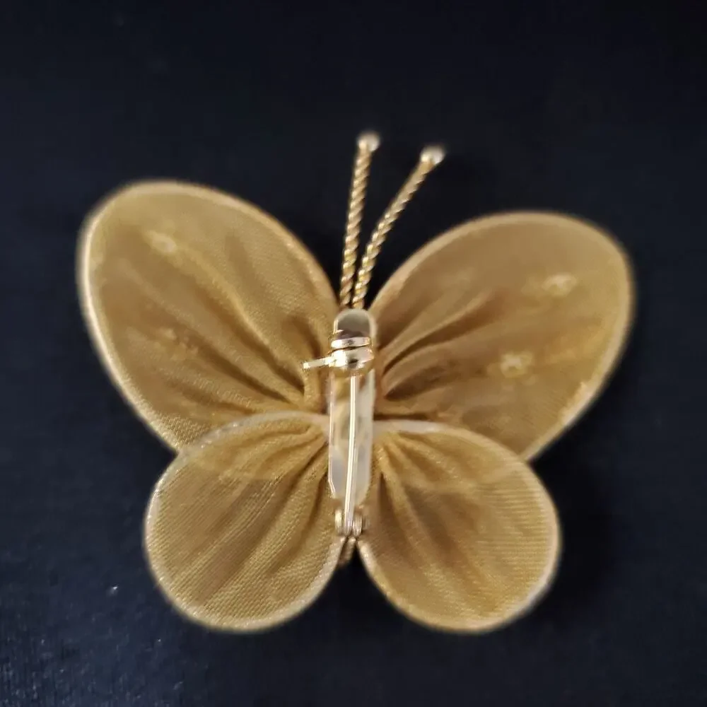 Vintage Gold-Tone Metal Mesh Brooch Pin Butterfly Flowers Design Handmade